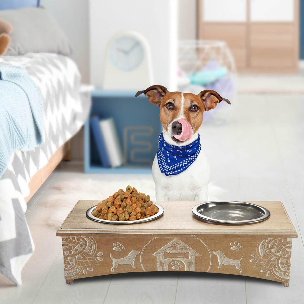 Mango Wooden Pet Feeder with Stainless Steel Bowls